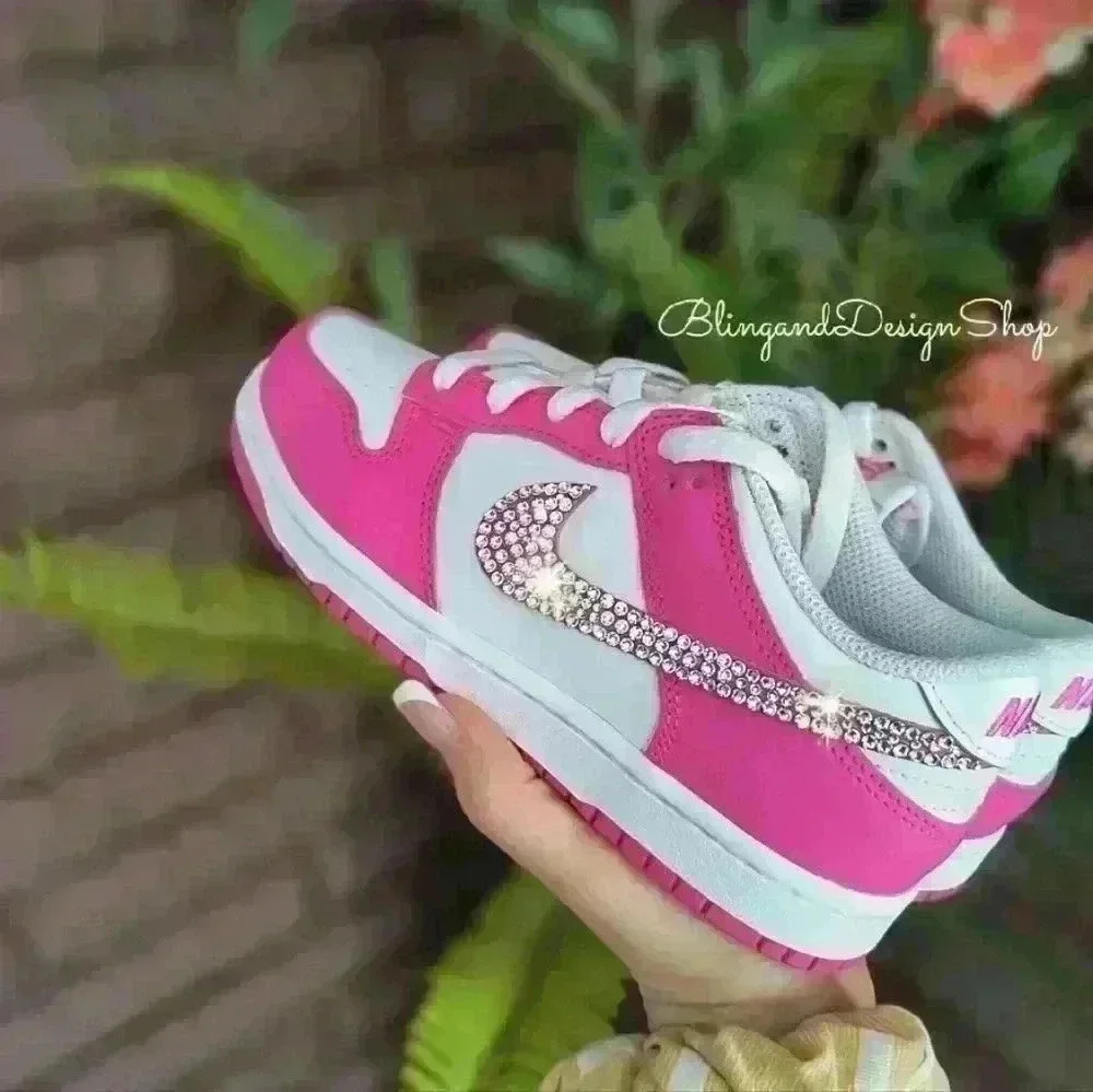 Swarovski Nike Dunk Low Pink Girls Youth Sneakers Shoes made with Clear C…
